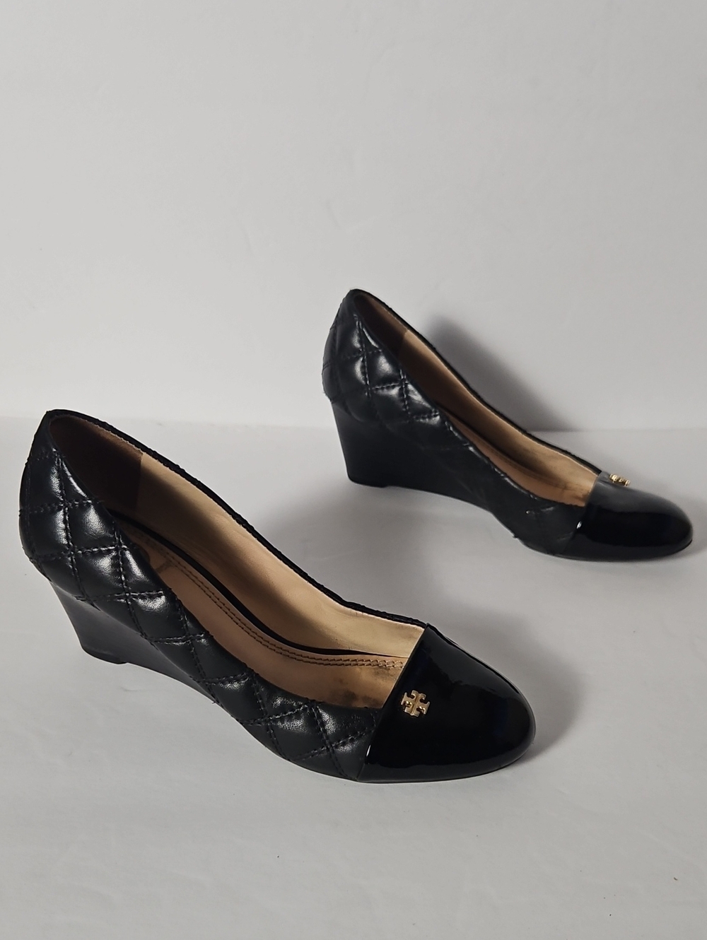 Tory Burch Quilted Patent Leather Cap Toe Wedge Pumps